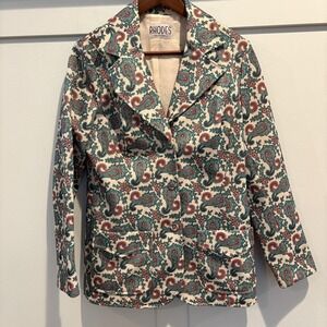 Vintage 70s Rhodes California Blazer Womens M Cream Teal Paisley‎ Boho Jacket